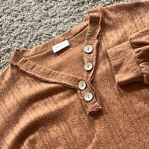Hailey & Co Rust Orange Ribbed Henley Top Balloon Sleeve Boho XL